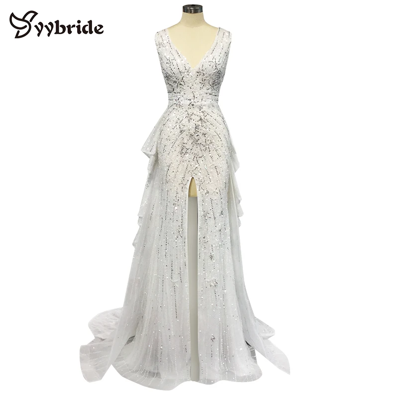 

YYbride Luxury Ivory Beading Crystals V-Neck Prom Dresses Backless Sexy Mid-Thigh Sleeveless Ruched Court Train Evening Dresses