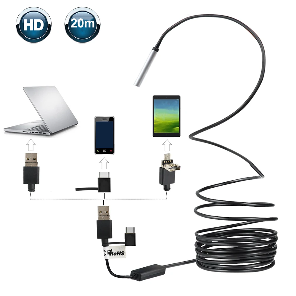 

3 in 1 Type-C 2.0 Micro USB Endoscope Waterproof Inspection Borescope With 5.5mm Dia Lens 2MP Cmos Sensor Camera For Android