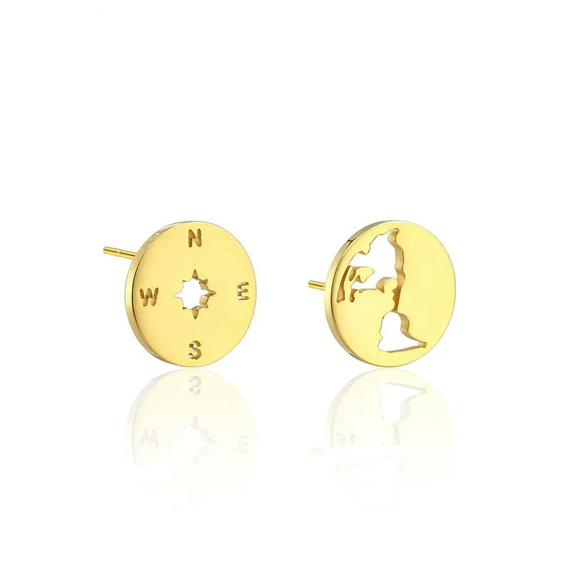 

2019 Stainless Steel Compass And World Map Earrings Minimalist Travel Map Earth Continent Globetrotter Jewelry Gap Year Gifts