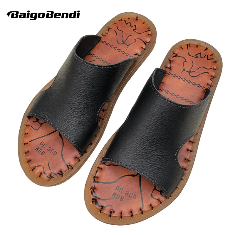 

New Summer Recommend ! Full Grain Leather Slides Shoes Men Casual Simple Outsdoor Slippers TPR Outsole Sandals Man