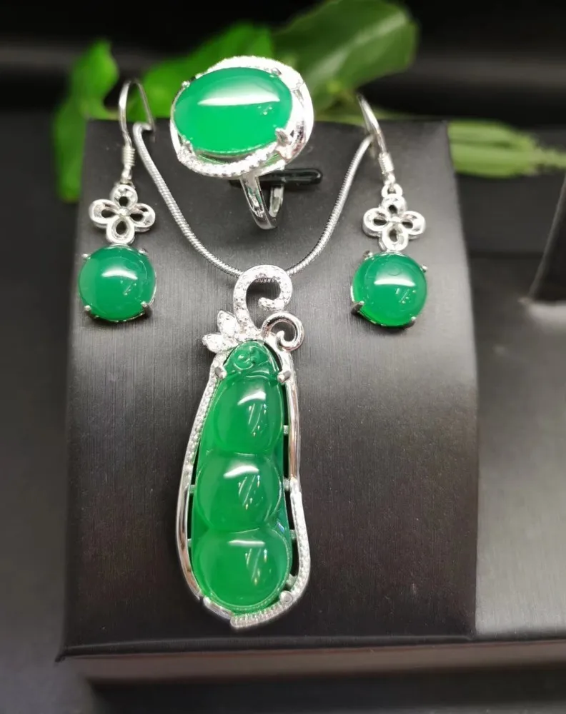 

Koraba 3pcs 925 Sterling Silver Natural Lucky Pod Green Jade Gemstone Pendant Necklace Earrings Ring Women Jewelry Set