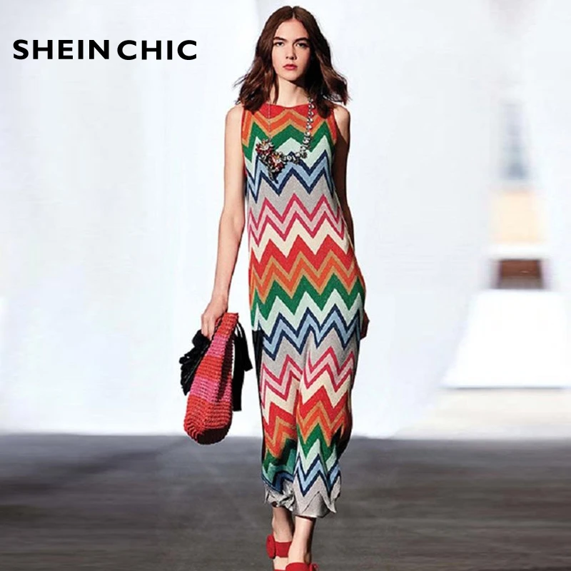 

Bohemian Summer 2019 Female Sleeveless Dress Runway Knitted Rainbow Striped Colorful Dress Elegant Elastic Maxi Long Vestido