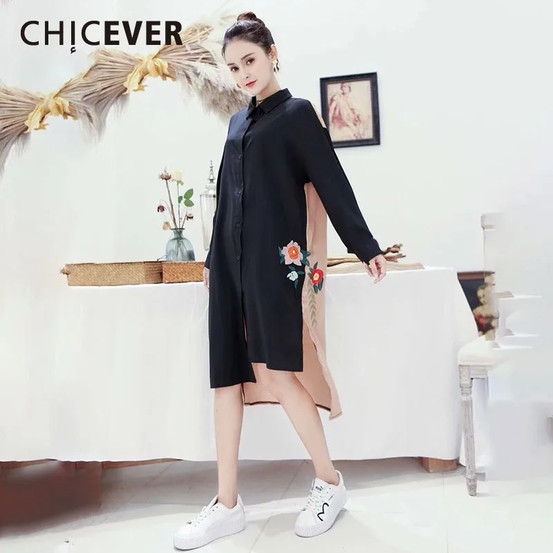 

CHICEVER Spring Sweet Pacthwork Hit Color Women Dress Embroidery Print Lapel Long Sleeve Split Hem Knee-length A-line Dresses