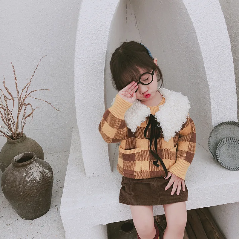 

2018 Baby Clothes Set Autumn Girls Clothing Knitting Plaid Top Short Skirt Children Suit Children Suit Children's Skirt Suits