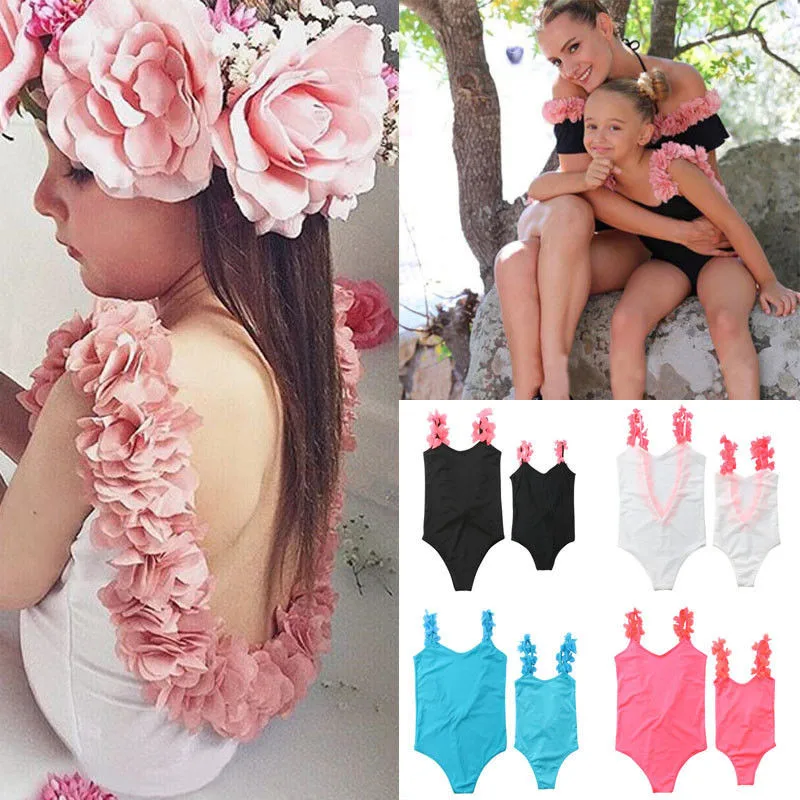 

Mother Daughter Swimsuit Family Matching Beachwear Backless 3D Flower Women Girls One-Piece Bikini Bathing Suits Swimwear