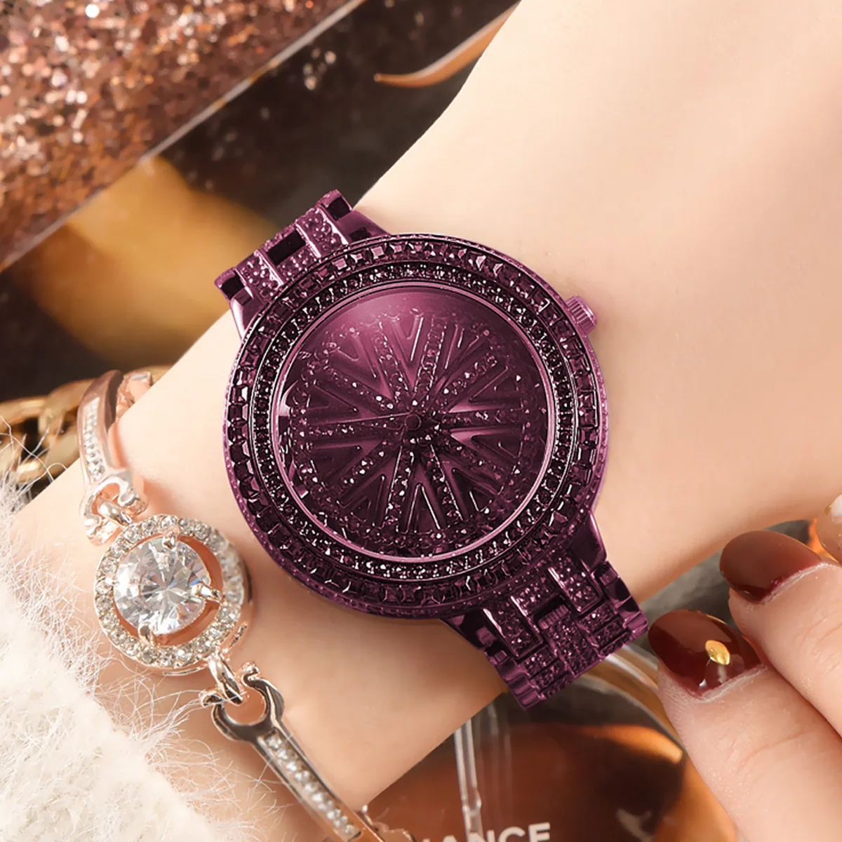 

European and American trendsetters, watches, women's rotating dial, luxury water drill fashion watch luxury watch women