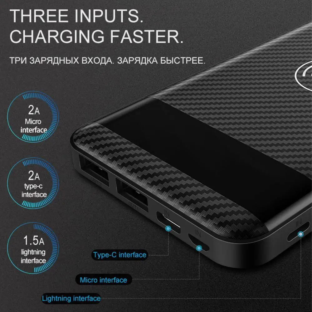 QI Беспроводное зарядное устройство power Bank 10000 mah Dual USB с цифровым дисплеем внешний