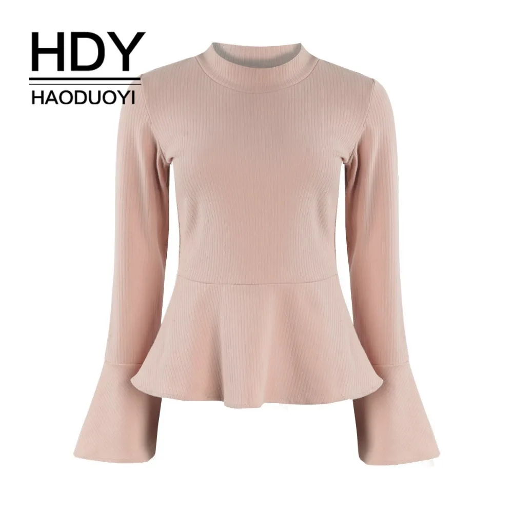 

HDY Haoduoyi 2019 Euro-American style simple pure-color bell sleeve bottom early autumn round collar Pullover knitted shirt