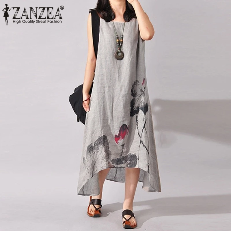 

ZANZEA Linen Dress Women Summer Dresses Sleeveless Ink Painting Cotton Vestidos Ladies Mid Calf Vestido Womens Plus Size Dresses