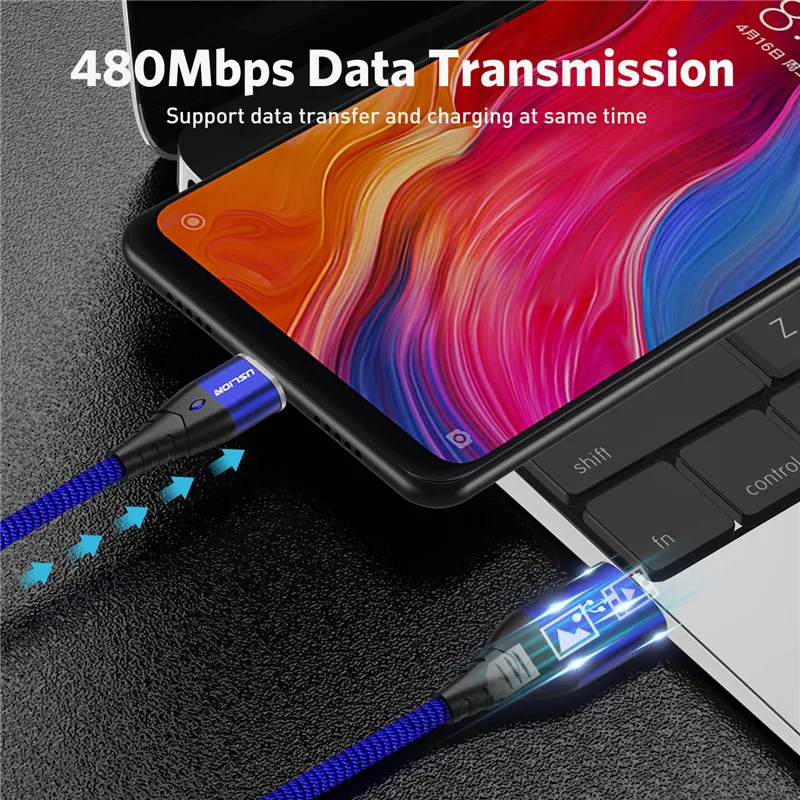 USLION LED magnético Cable USB rápido Micro USB tipo-C imán cargador usb-c Cable de datos para Samsung Xiaomi teléfono Móvil Cable de carga