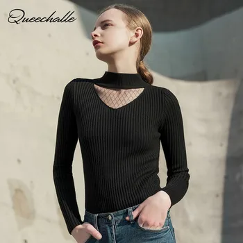 

Queechalle Autumn Winter Knitted Basic Pullover Black White Sexy Mesh Patchwork Collar Solid Turtleneck Sweater Lady's Slim Tops