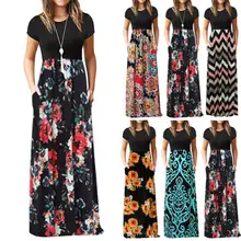 Vintage Floral estampado Boho vestido de las mujeres largo Maxi vestido de noche de fiesta playa verano Vestidos de manga corta Split Vestidos