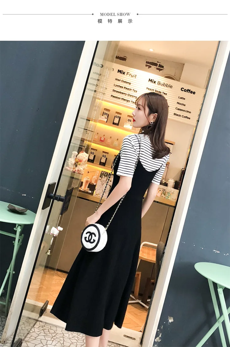 إمرأة حك 2 قطعة مجموعات 2019 مخطط شبه عالية طوق قصيرة الأكمام التي شيرت + الأشرطة Soild ميدي خزان اللباس مجموعة اثنين من قطعة بدلة