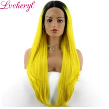 Lvcheryl Омбре черные к желтым красочные ручной привязанные натуральные длинные термостойкие волокна волос Синтетические Кружева передние парики