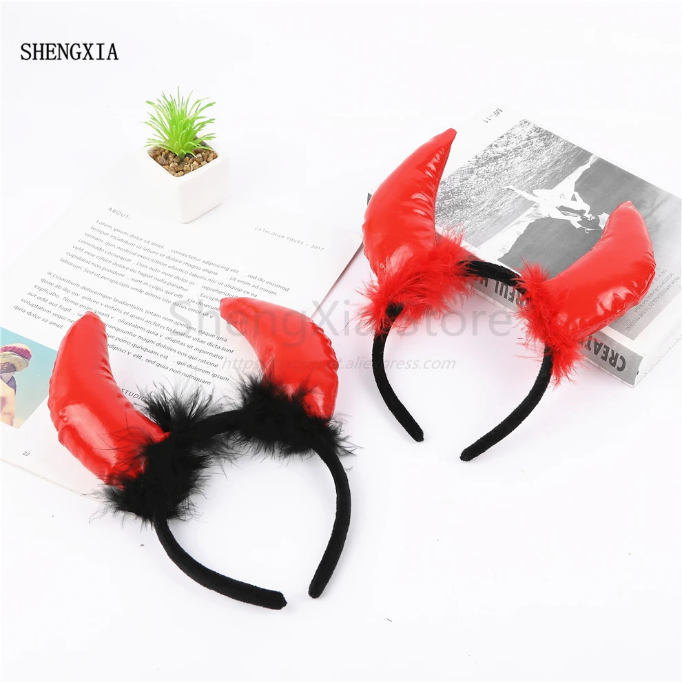 

Halloween Devil Headband High Quality Red Leather oxhorn Hair Accessories Birthday Party Adult Children Cosplay Headwear Props