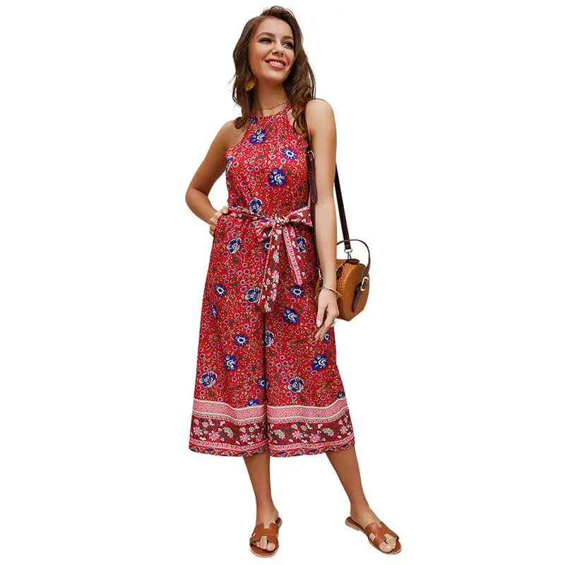 

Boho Elegant Women Jumpsuits Casual Plus Size Sweet Party Streetwear Green Loose Chiffon Thin Floral Print OL Female Rompers