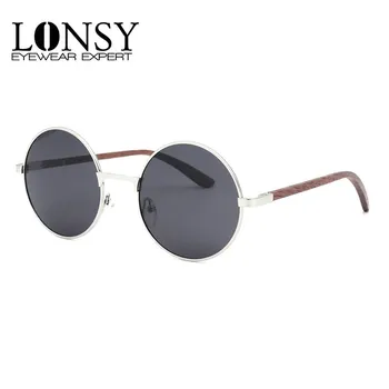 

LONSY Black Metal Wood Round Steampunk Sunglasses Men Women Fashion Brand Designer Bamboo Sunglasses Vintage Polarized Glasses