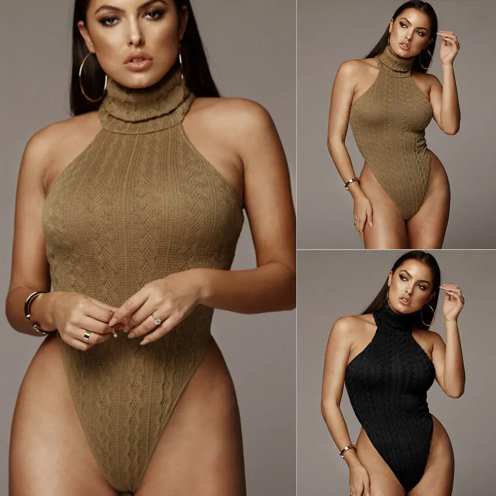

Women's Sexy Knit High Neck Sleeveless Jumpsuit Stretch Bodycon Leotard Bodysuit