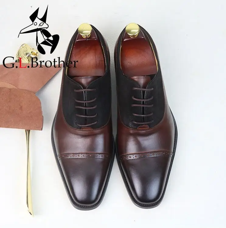 

Men's Shoes Genuine Leather Patchwork Italy Style Lace Up Carved Vintage Oxfords Smart Casual Wedding Dress Shoes