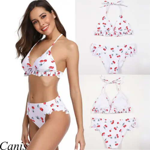 

New 2019 Summer Women Bandage Cherry print Bikini Set Push-up Bra Swimsuit Bathing Suit Beach Swimwear
