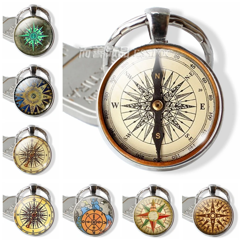 

Retro Handcrafted Compass Silver Keychain Jewelry Steampunk Compass Glass Cabochon Key Chain Pendant ( It's Not A Real Compass)