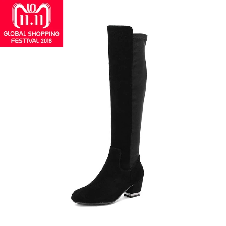 

{Zorssar} fashion Suede Women High Boots nubuck Leather Square High heel Knee High Boots Women snow boots Winter shoes Size 42