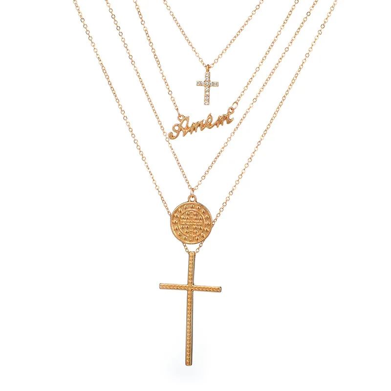 

Punk Gothic Women Layered Necklace Choker Chian Vintage Gold Color Cross Letter Round Drop Necklace Shellhard Statement Jewelry