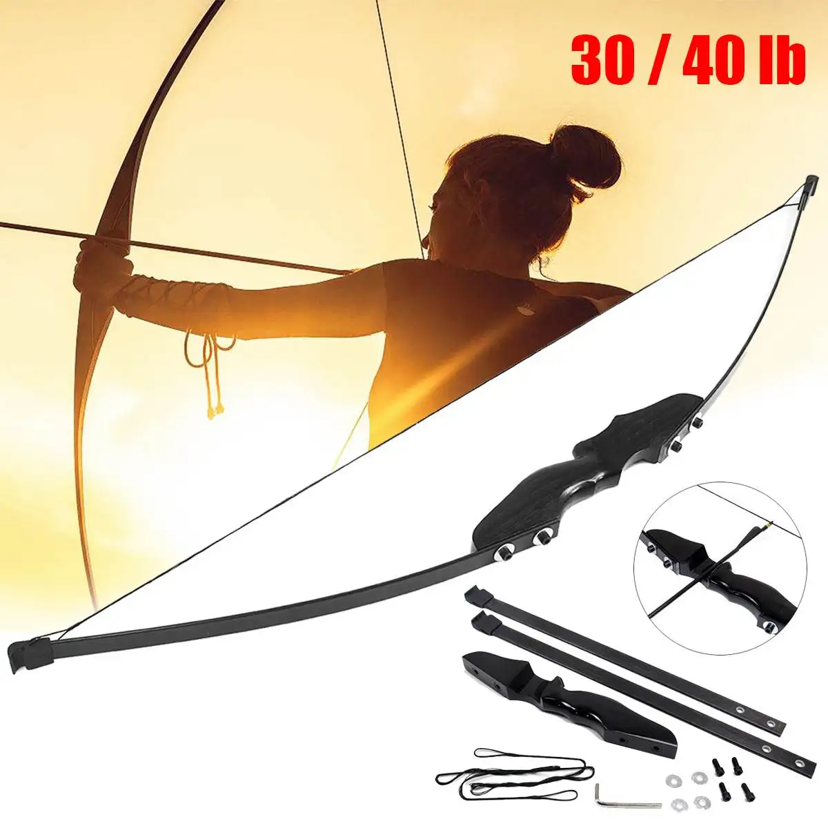 

SGODDE 30/40 lbs Archery Hunting Bow Longbow Archery Takedown Shooting Target Hunting Maximum Pull Diatance 75cm