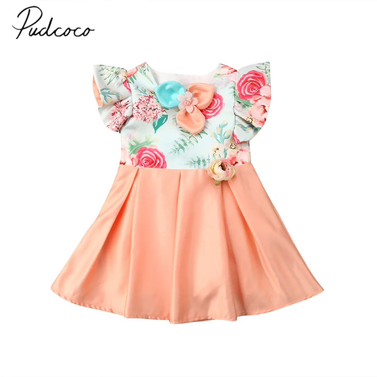 

2019 Brand New Princess Toddler Baby Girl Formal Dress Flowers Ruffles Sleeve Knee-Length Dress Backless Bowknot Summer Clothes