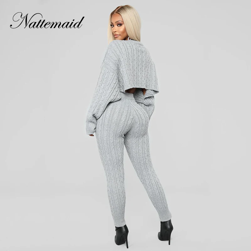 

NATTEMAID Full Sleeve Sweatsuit Knitted Tracksuit Bodycon Casual Clubwear Sexy Two Piece Set 2018 Autumn 2 Piece Set Women