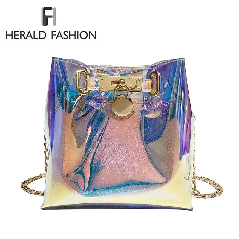 

Herald Fashion Women Transparent Bag Clear PVC Jelly Small Ladies' Bucket Bag Laser Holographic Chain Female Shoulder Bags Sac
