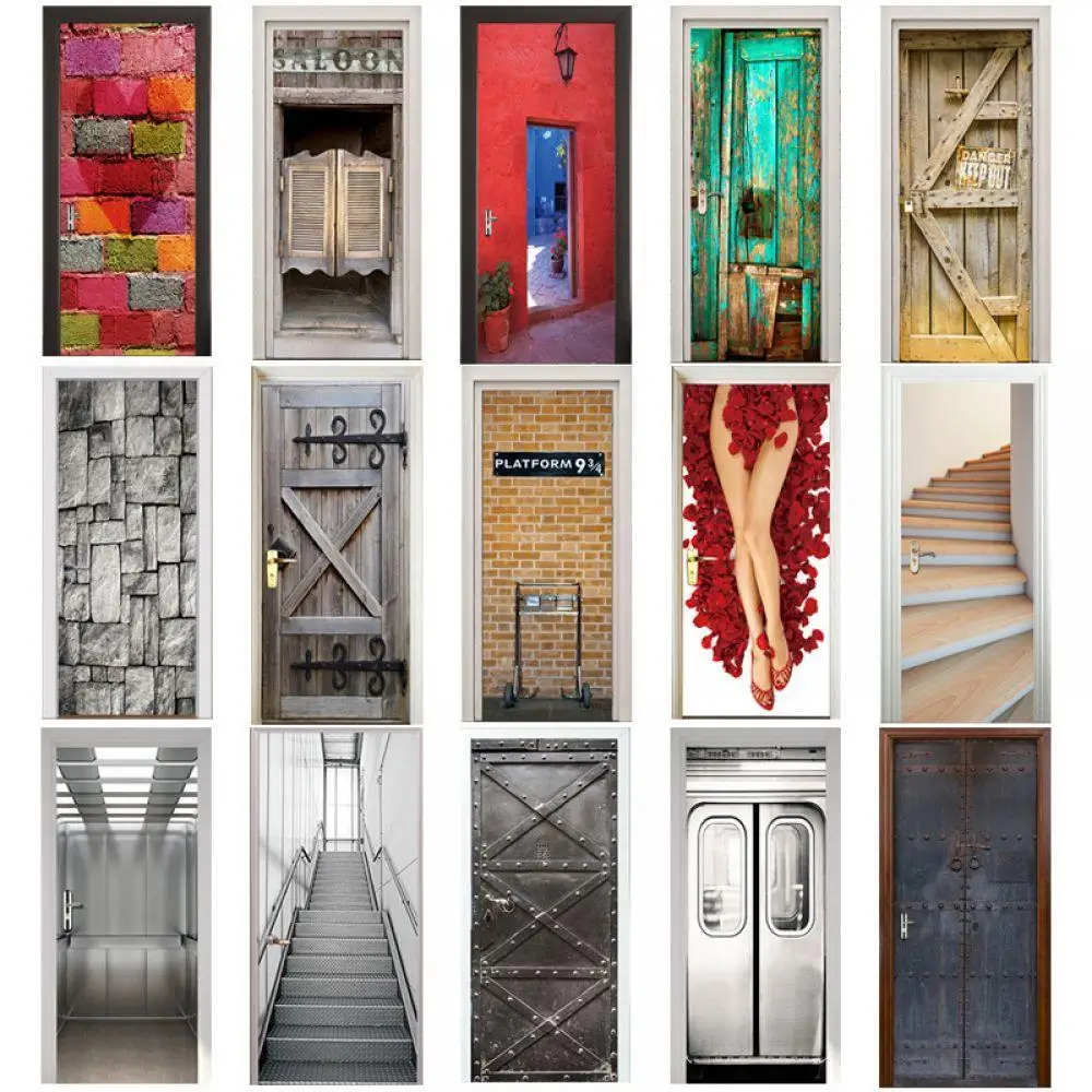 

3D Door Sticker Retro Old Wooden Door Station Bar Elevator Police Hall Subway Stairs Color Bricks Pulling Door Home Decor Paste