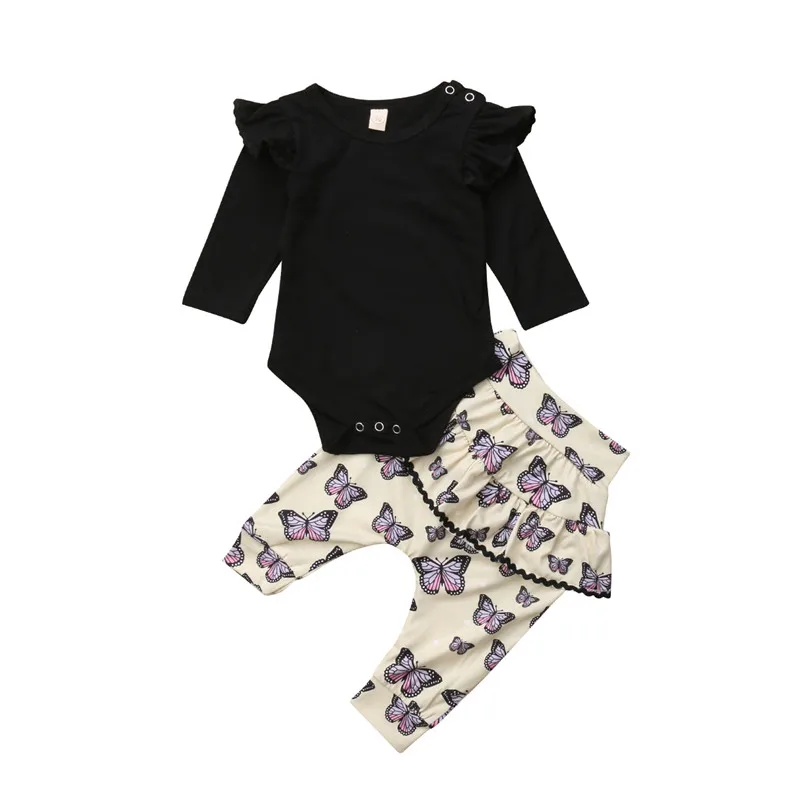Новорожденных Одежда для девочек для маленьких девочек Летающие Seeve Топы черный комбинезон боди; штаны 2 шт. новорожденных одежда из хлопка