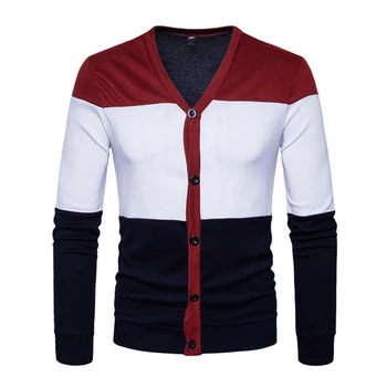 

Warm Autumn Winter Handsome Cool Mens Boys V-Neck Slim Color Patchwork Button Knitted Cardigan Casual Coat Jacket