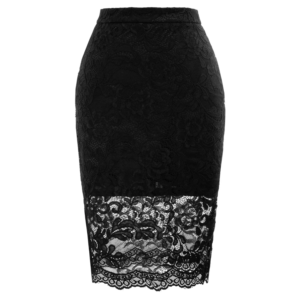 

GK classy skirts Women Floral Lace Back Split Hips-Wrapped knee length Bodycon sheath office work Pencil Skirt falda mujer