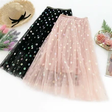 Модные миди длинные тюлевые сетчатые юбки женские новые летние многоцветные юбки в горошек Женские Элегантные розовые синие плиссированные юбки
