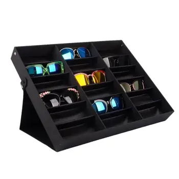 

Sunglasses Display Case 18 Compartment Black Lightweight Glasses Storage Box With Folding Lid For Glasses Jewelry Watch Stand