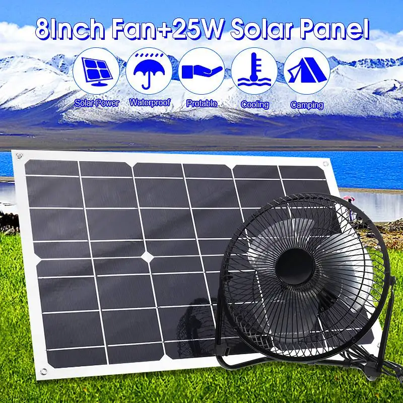 

25W 8'' USB Iron Fan Upgrade Solar Panel Charge Phone Powerbank MP3 Electronic Product Outdoor Greenhouse/Office Home Cooling