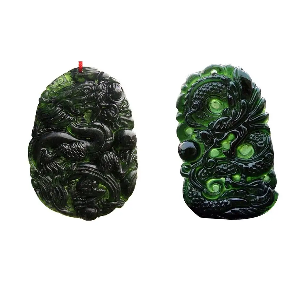 Black Green Jade Happy Lucky Tiger Plum Blossom Double Dragons Amulet Pendant 