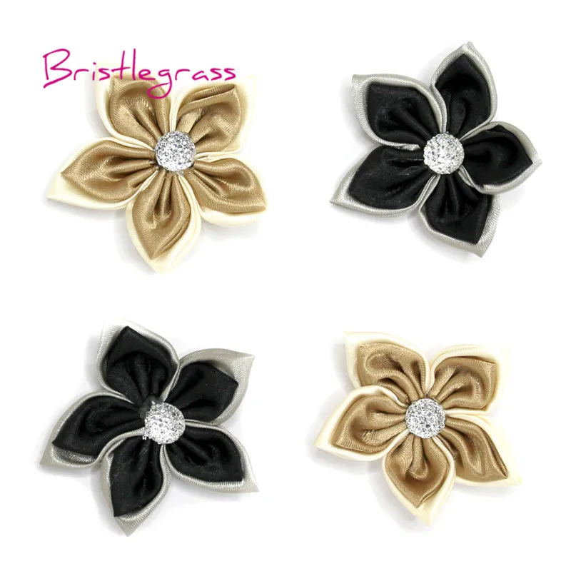 

BRISTLEGRASS 4PCS 1.96" Rhinestone Satin Ribbon Flower Bow Kid Applique Headband Hair Tie Corsage Wedding Dress DIY Sewing Craft
