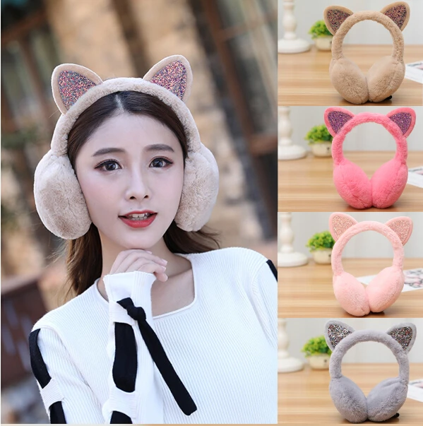 

Thefound Brand Ear Earmuffs Fashion Women Fur Winter Ear Warmer Cat Ear Earlap Glitter Ladies Stylish Sequin Earmuffs Cute