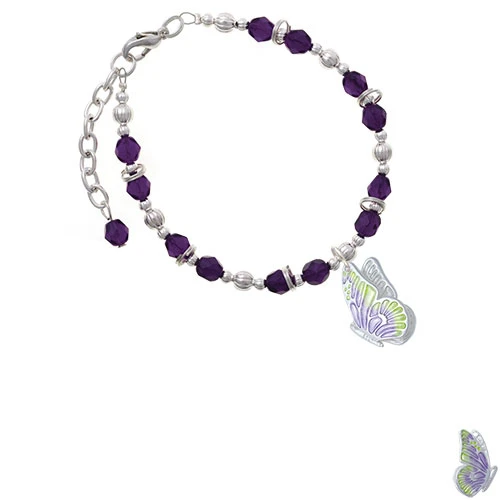 Silvertone Large Translucent Purple &amp Lime Green Flying Butterfly Beaded Bracelet |