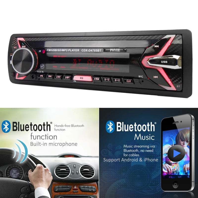 Detachable Car Radio Bluetooth Autoradio USB 1 Din Stereo Audio MP3 Player SD Aux-in FM Tuner High Power Head Unit PHYEE 4785BT Detachable Car Radio Bluetooth Autoradio USB 1 Din Stereo Audio MP3 Player SD Aux-in FM Tuner High Power Head Unit PHYEE 4785BT