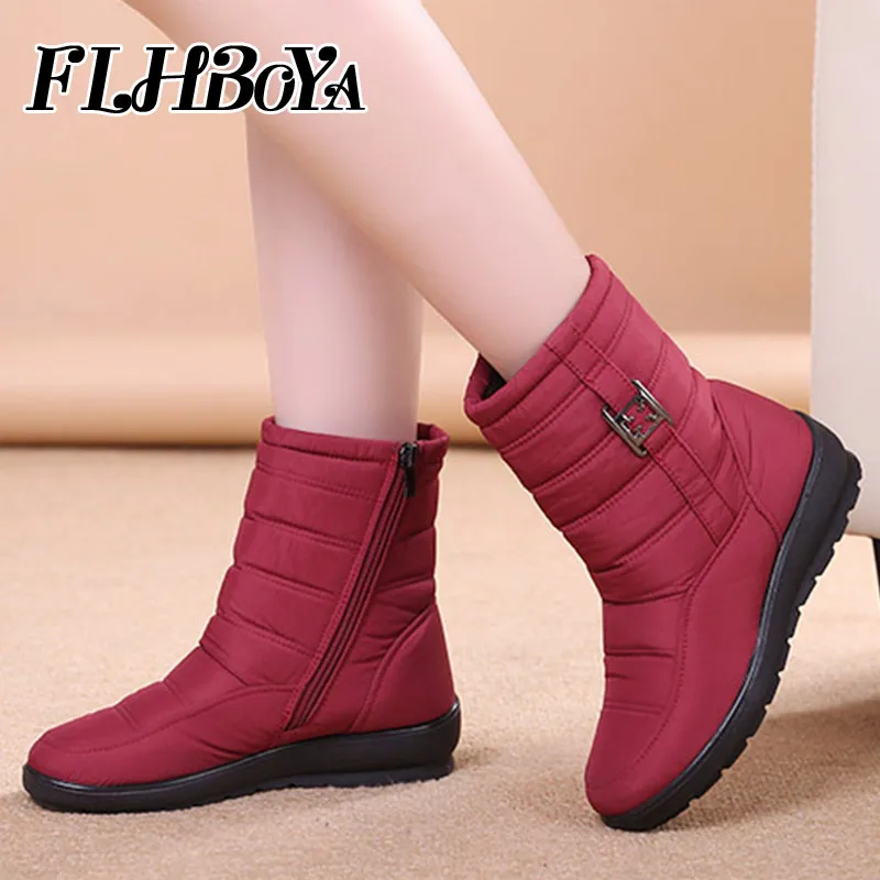 

FLHBOYA Winter Women Mid-Calf Zip Snow Boots With fur plush Ladies Buckle Slip-resistant short Boots Female Flat Heel warm Shoes