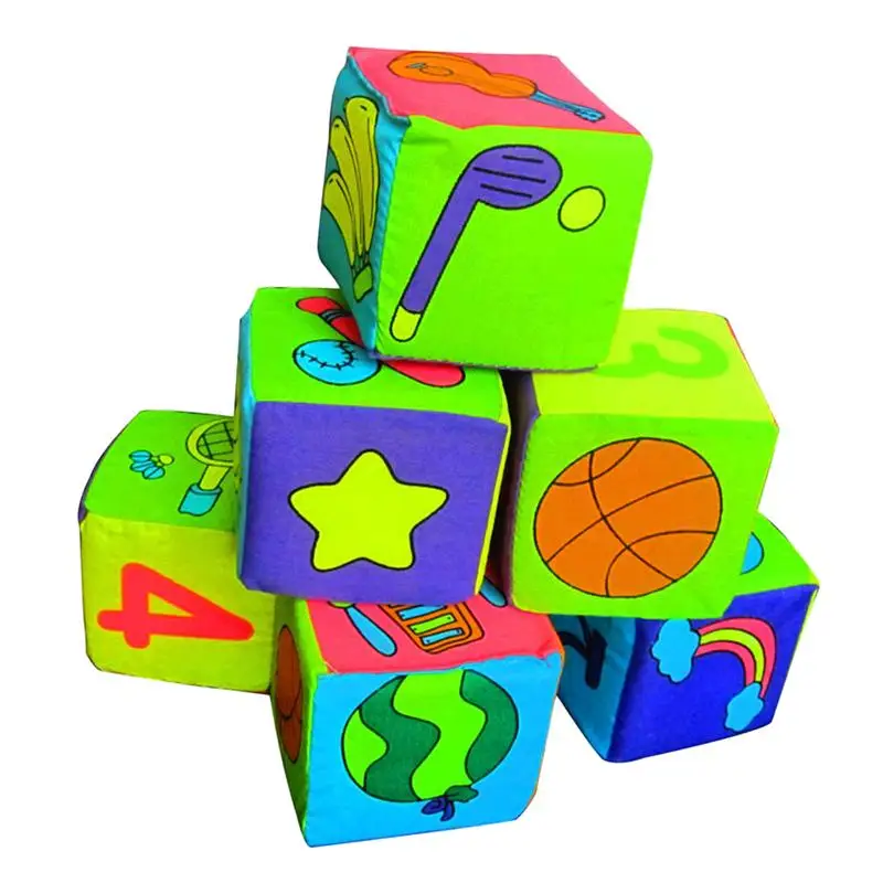 

6pcs Cloth Building Blocks Grab and Stack Soft Educational Blocks Cubes Learning Toys with Rattle for Toddler Baby Kids