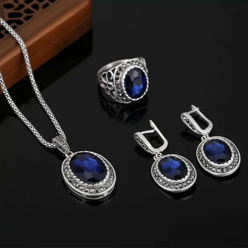 

Luxury Women Elegant Jewelry Set Vintage Round AAA Zircon Crystal Pendant Necklace Earrings Ring Jewelry For Women Wedding Gift