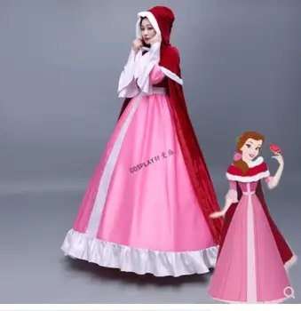 

Beauty and Beast Belle Cosplay Costume Belle Pink Dress Red Cloak Snow Grow Princess Halloween Costumes for Adult