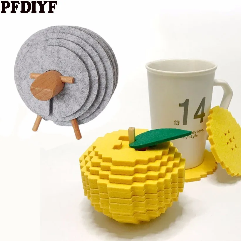 

Creative Apple Sheep Shape Anti Slip Cup Pads Coasters Insulated Round Felt Cup Mats Japan Style Home Office Decor Art Gift