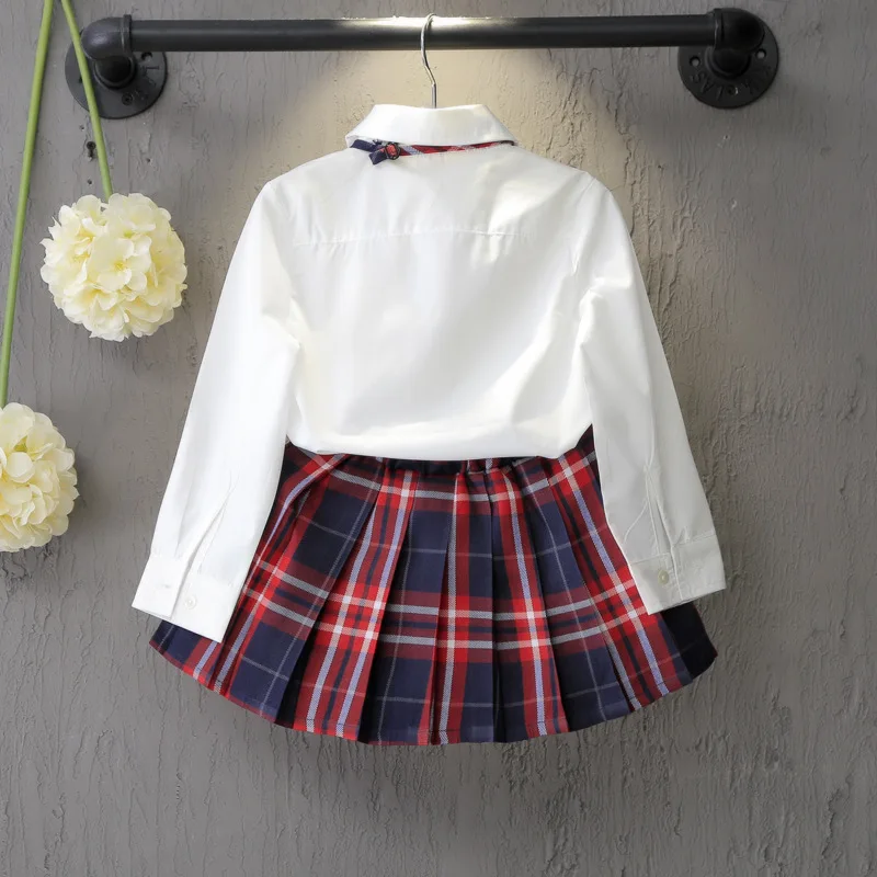 Школьная форма для начальной и средней школы; стиль; модная Однотонная рубашка+ клетчатая юбка; стильная модная форма из двух предметов