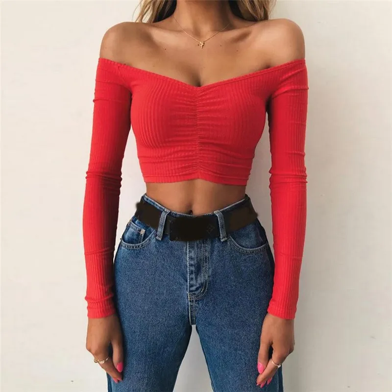 

2019 Summer New Women Slash Neck T-Shirt Sexy Solid Ribbed Knitted Cropped Tops Short Fashion Slim Long Sleeve Tee Shirts